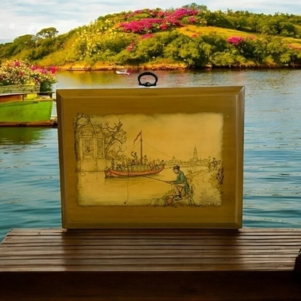 Marcy Lawson Decoupage Wood Frame Fisherman Village Scene Vintage Handmade 9x7